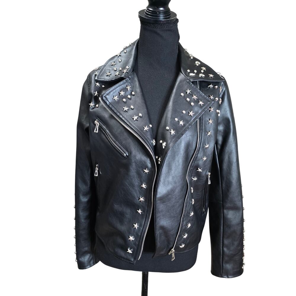 Blue B Black Faux Leather Star Studded Moto Jacket Sz S